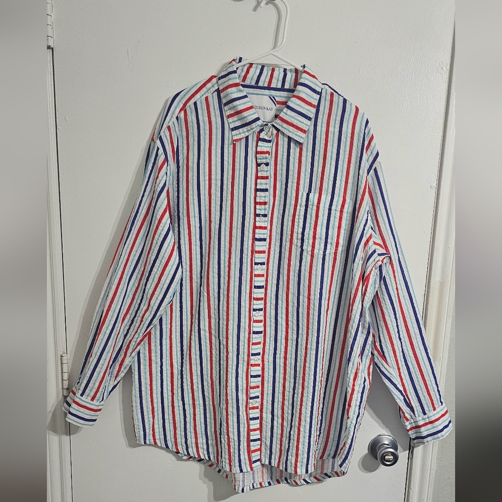 AB Addison Bay Naples Button-Down Shirt‎ XL Striped Blue White Preppy Seersucker